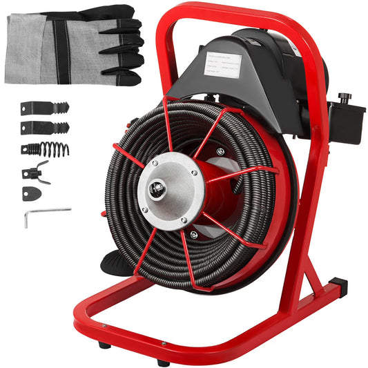 KFFKFF 50 Ft x 1/2 Inch Drain Cleaner Machine fit 1 Inch (25mm) to 4 Inch(100mm) Pipes Drain Cleaning Machine Portable Electric Drain Auger with Cutters Glove Drain Auger Cleaner Sewer Snake