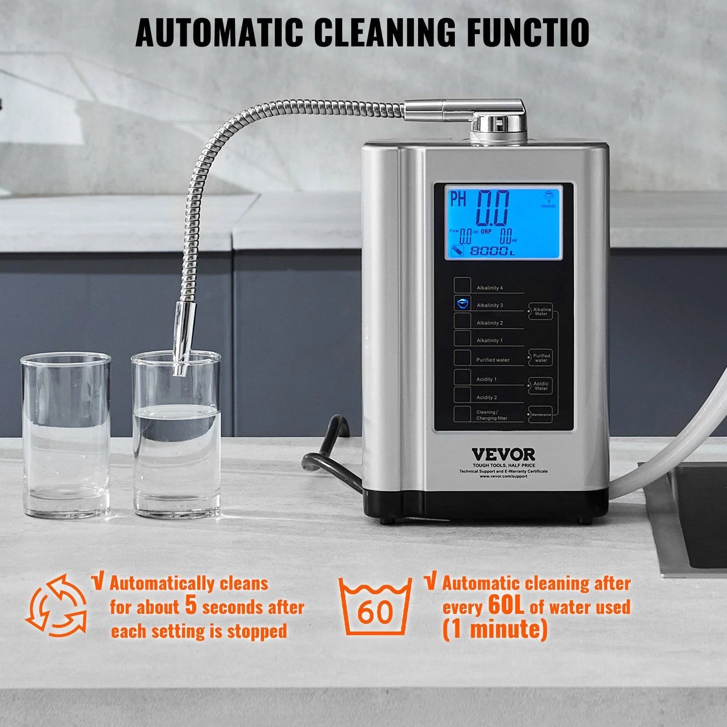 Alkaline Water Ionizer Machine, pH 3.5-10.5, Hydrogen Water Purifier, 7 Settings, -550mV ORP, 8000L Filter, Auto-Cleaning, White