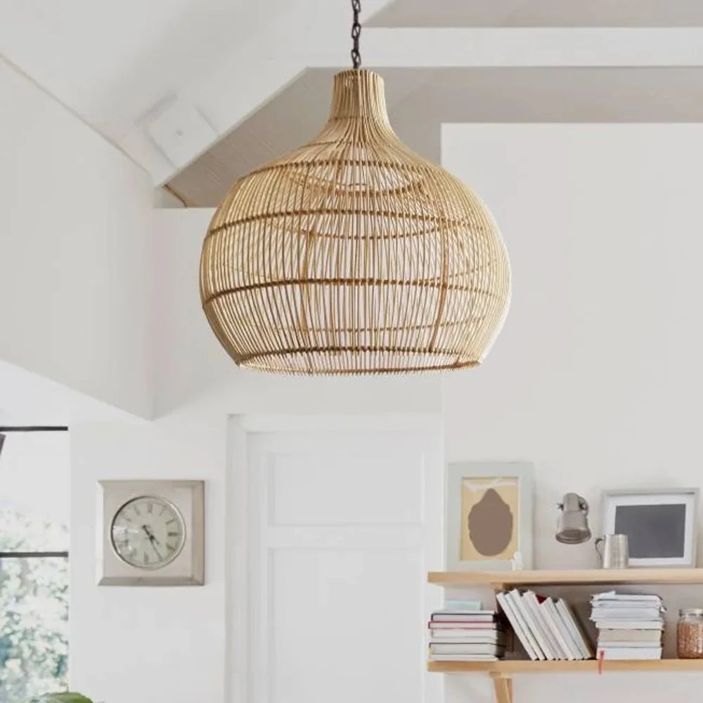 Arturesthome Boho Home Decor Kitchen Island Rattan Bamboo Pendant Light Basket Weave Linear Chandelier