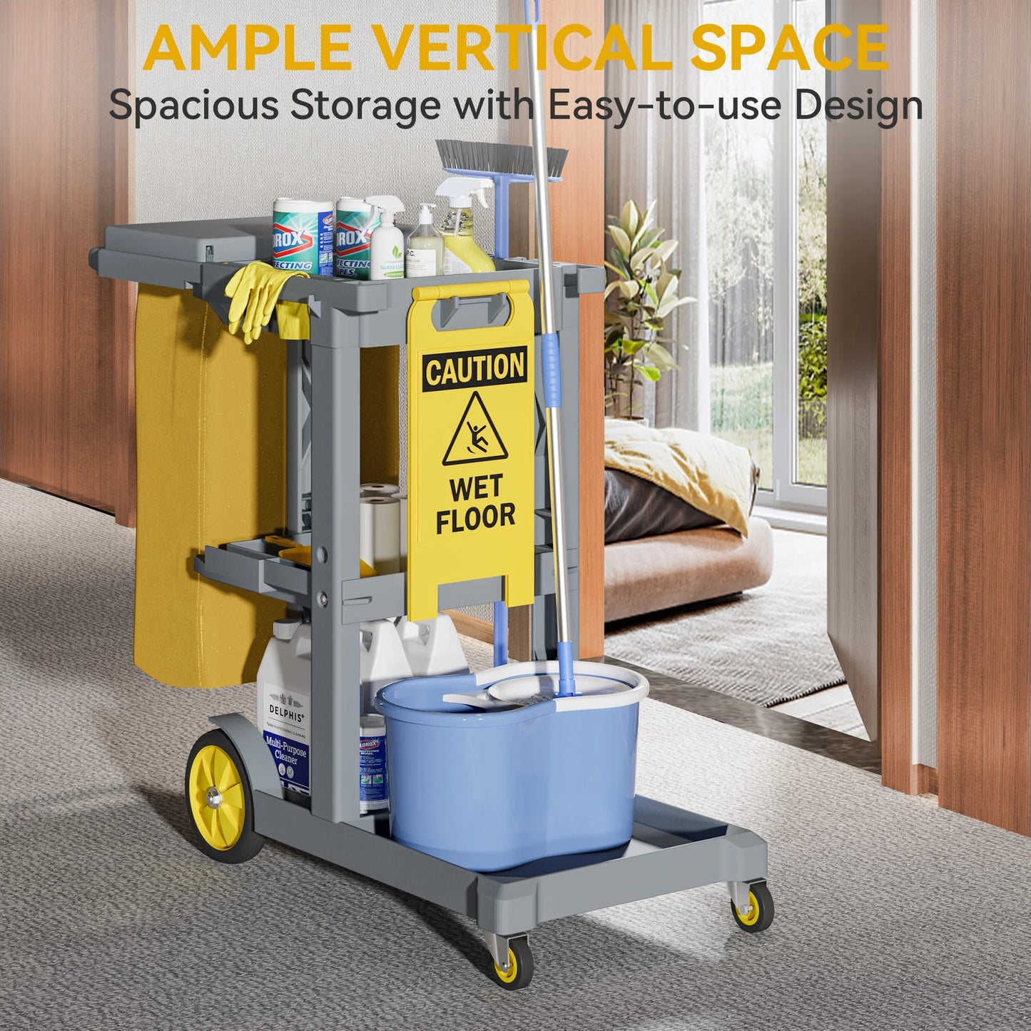 Dextrus Commercial Janitorial Trolley Cleaning Cart, 25 Gallon Capacity with Cover, for Housekeeping & Facility Maintenance, Black