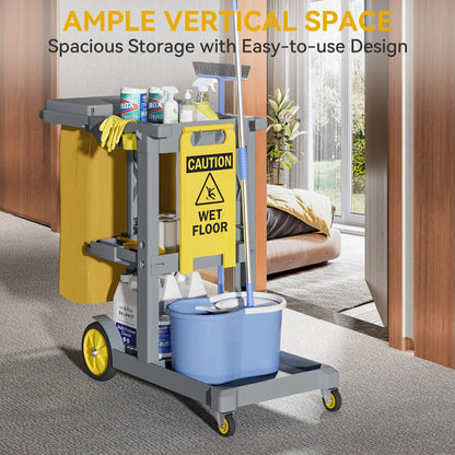 Dextrus Commercial Janitorial Trolley Cleaning Cart, 25 Gallon Capacity with Cover, for Housekeeping & Facility Maintenance, Black