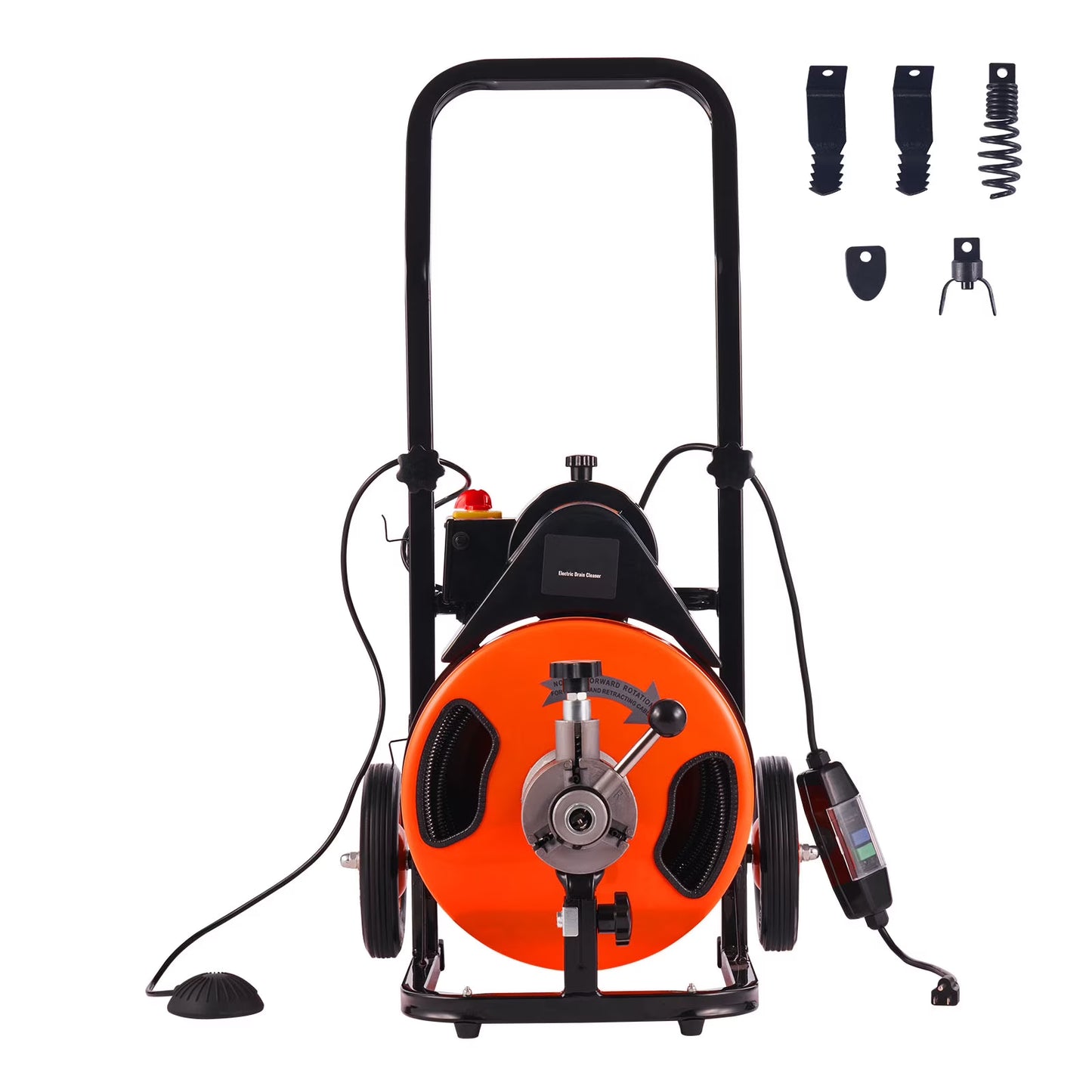 KFFKFF Drain Cleaning Machine 75FT x 3/8 Inch, Sewer Snake Machine Auto Feed, Drain Auger Cleaner with 4 Cutter & Air-Activated Foot Switch for 1" to 4" Pipes