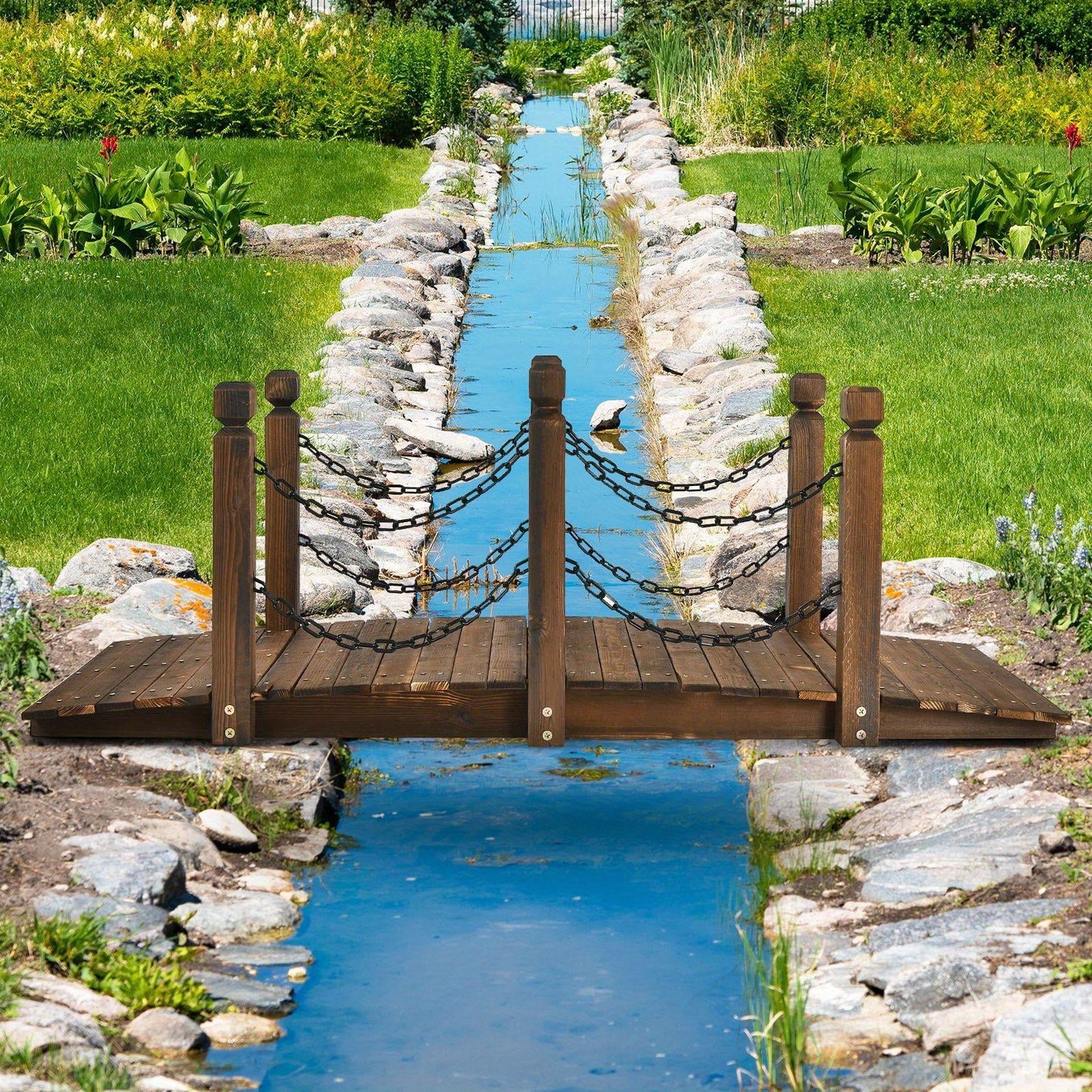 5ft Rustic Wooden Garden Bridge with Railings �C Sturdy Fir Footbridge, Weather-Resistant Outdoor Walkway for Weddings, Home Decor, and Gardens, Supports Up to 500 lbs, Natural Brown Finish