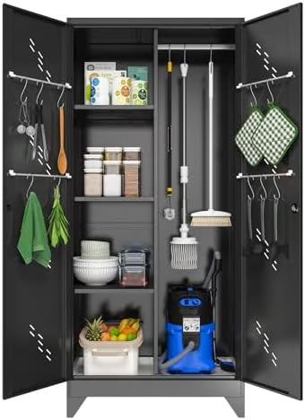 Metal Storage Cabinet, Black Broom Storage Cabinets with Doors and Shelves, Tall Garage Tool Cabinet, Lockable Cleaning Closet Storage Cabinet for Home, Office, Laundry Room, Warehouses