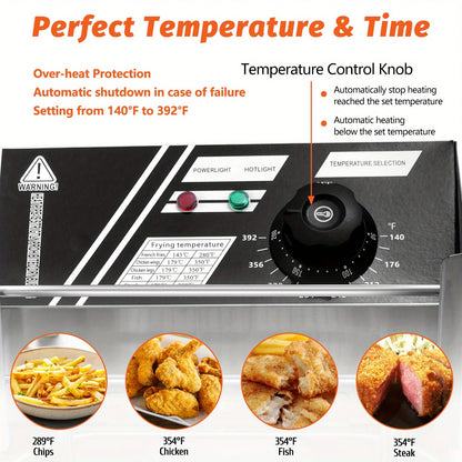 12L Stainless Steel Commercial Electric Deep Fryer - Large Capacity Countertop Fryer with Removable Tank and Lid for Easy Cleaning - Perfect for Restaurants, Cafes, and Home Use