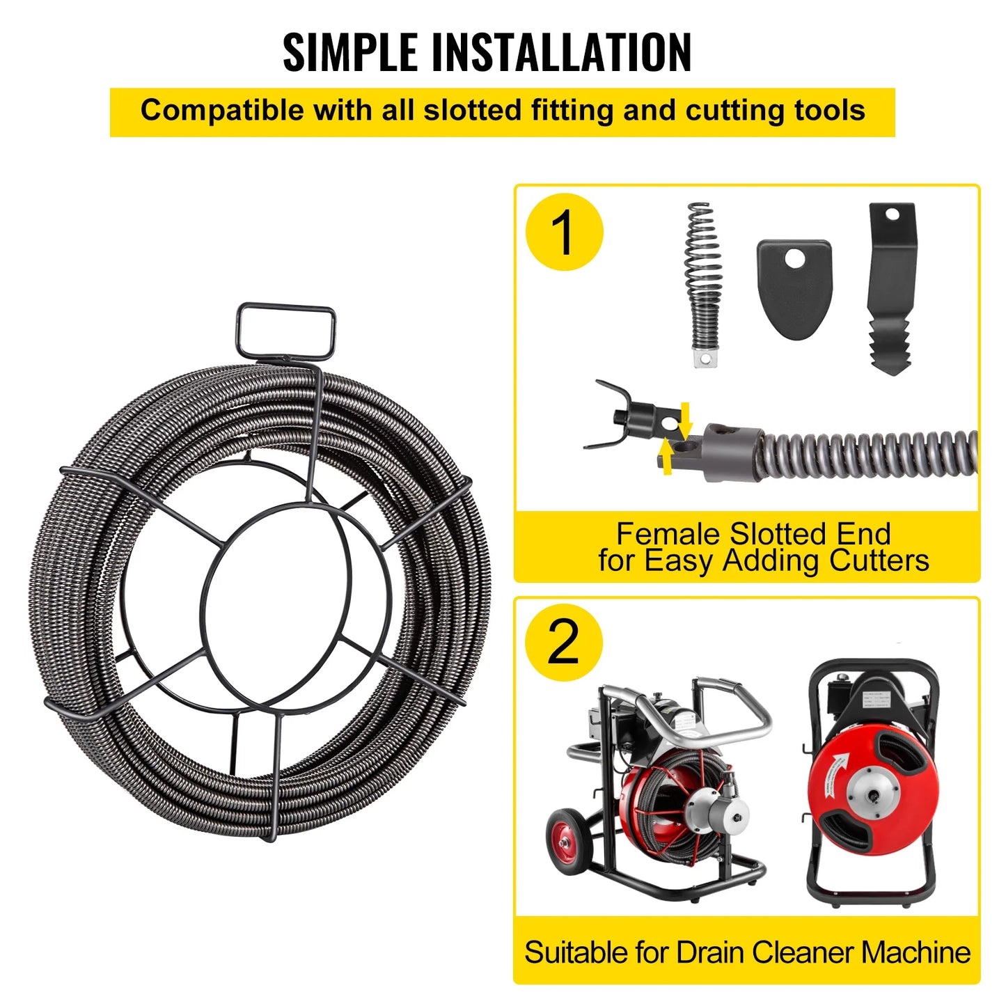 KFFKFF 100 Ft x 1/2 In Solid Core Sewer Line Cleaning Cable, Efficient Pipe Auger Snake for Clog Removal