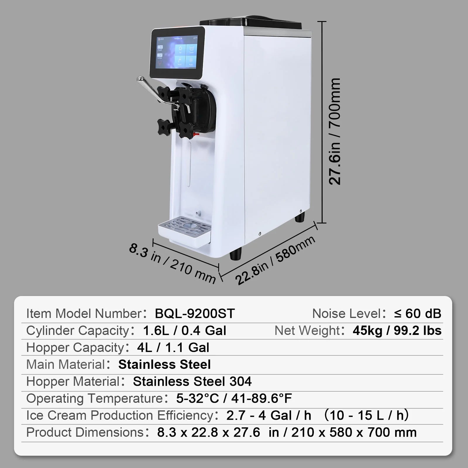KFFKFF Commercial Ice Cream Machine Output of 10.6 QT/H, 1000W Single Taste Tabletop Soft Serve Ice Cream Device, 4L Reservoir 1.6L Cylinder, Digital Screen Automatic Cleaning Pre-chilling