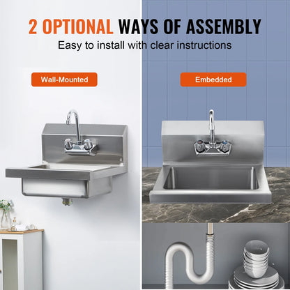 KFFKFF Industrial Hand Wash Station with Tap, Certified Stainless Steel Basin for Cleaning, Compact Hand Cleansing Sink, Wall-Fixed Utility Basin for Eatery, Cooking Area, Pub, Garage and Residence