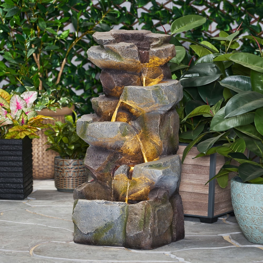 Holaki 23.5" H Outdoor Fountain,4-Tire Waterfall Flow Floor Fountain with LED Light for Patio,Gadern,Backyard,Art Home Decoration,Light Brown