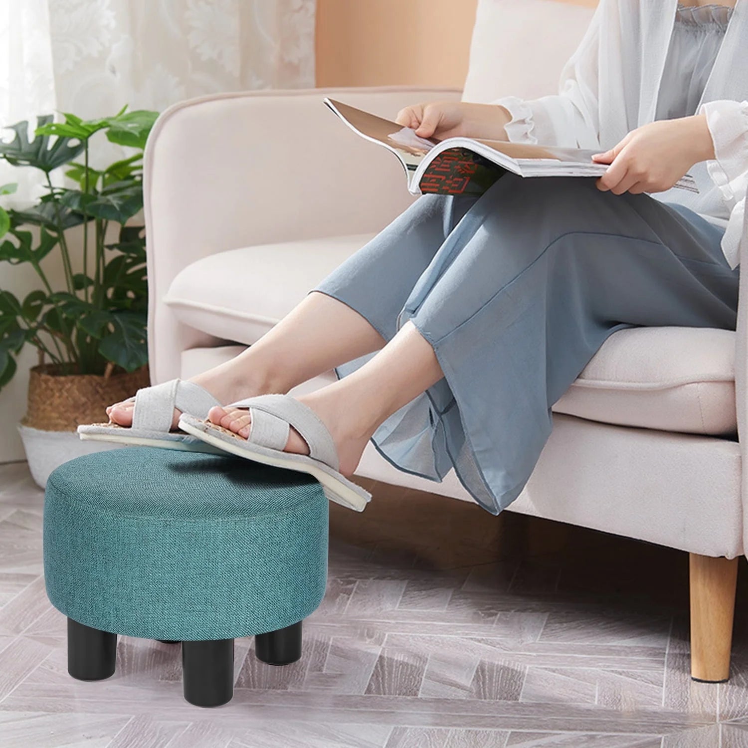Homebeez Round Footstool Small Upholstered Ottoman Sofa Footrest Stool Padded Seat for Living Room Bedroom Entrance Home Decor