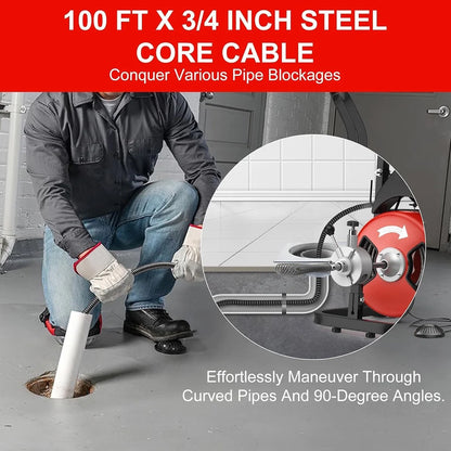 Kselythan 75 FTx1/2 Inch Drain Cleaning Machine, Auto Feed Sewer Snake Drill with Wheels, Pipe Spiral Cleaner with 4 Cutters and Pneumatic Foot Switch, for 2" to 4" Pipes