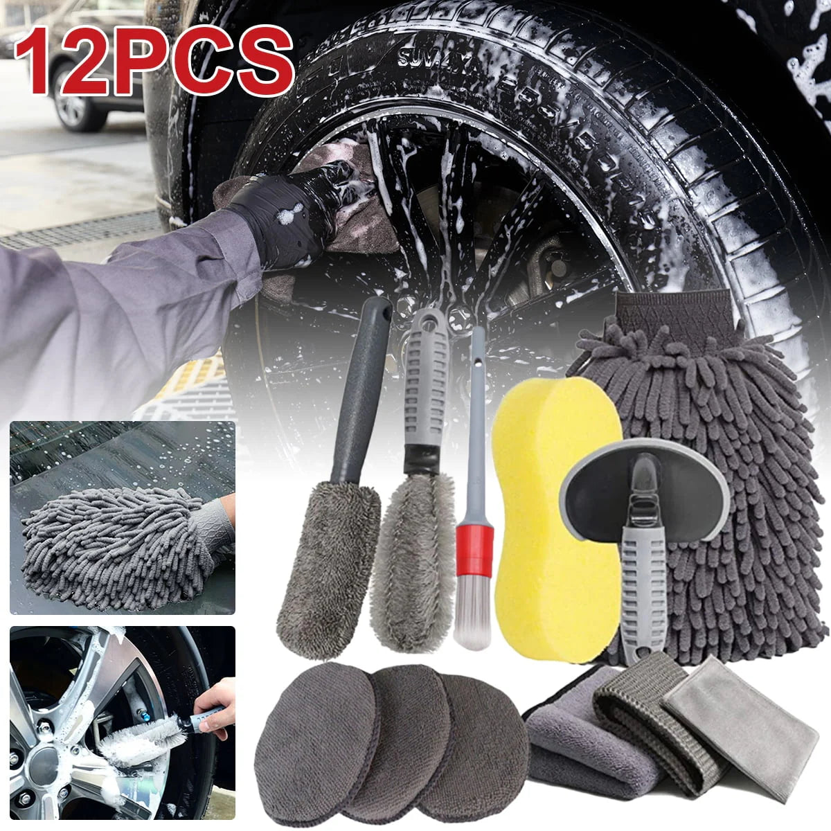 Dznils 12Pcs Car Wash Tool Cleaning Kit Auto Care Car Wash Cleaning Tools Kit for Cleaning Wheels Interior Exterior Seat