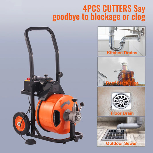 BENTISM Drain Cleaning Machine 75 ft x 3/8 in Electric Drain Auger Drain Cleaner Machine Auto Feed