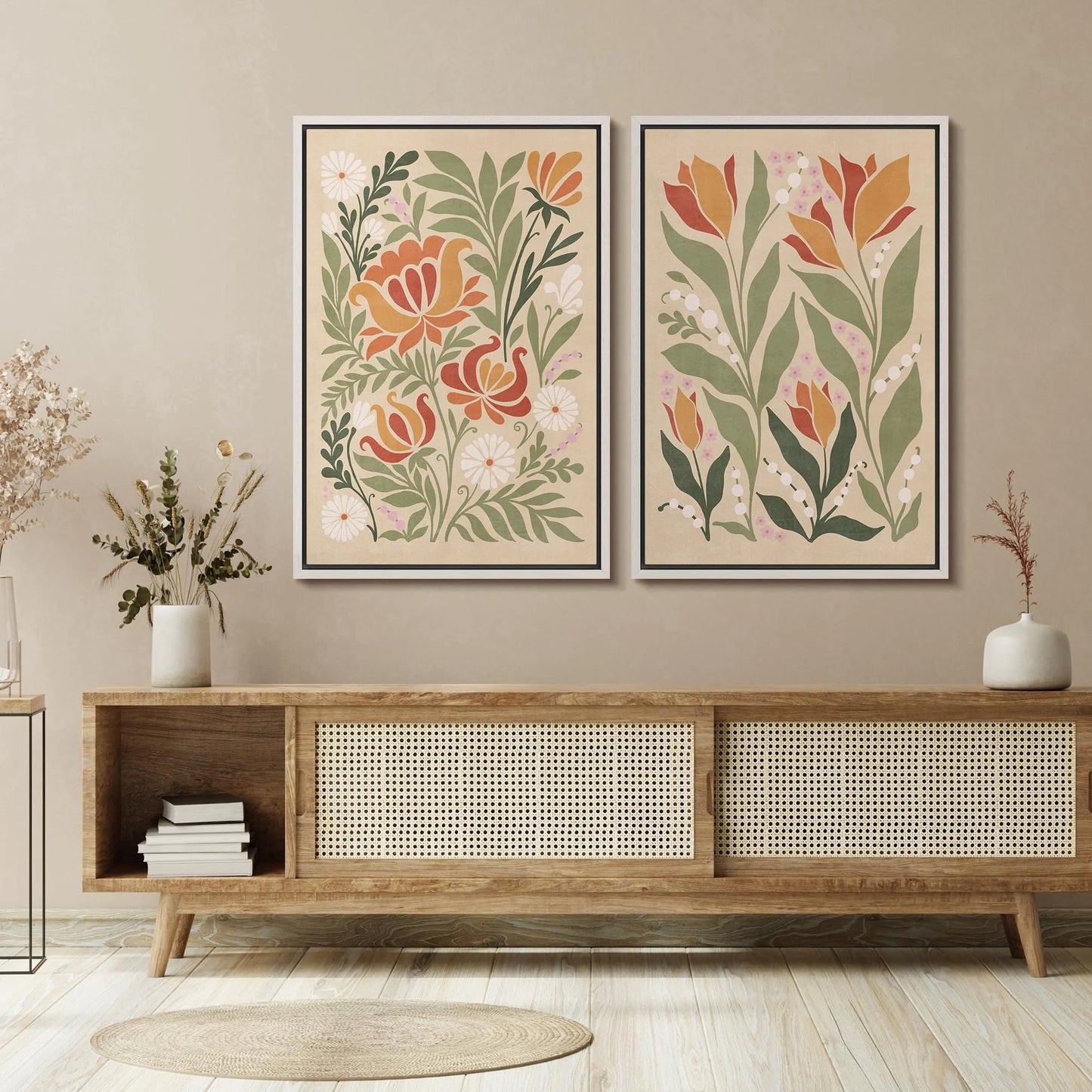 IDEA4WALL Framed Canvas Print Wall Art Set Vintage Floral Classic Botanical Illustration Abstract Garden Flowers Boho Art Modern Wall Decor Colorful Chic Artwork for Home Decor - Natural 24"x36"x2
