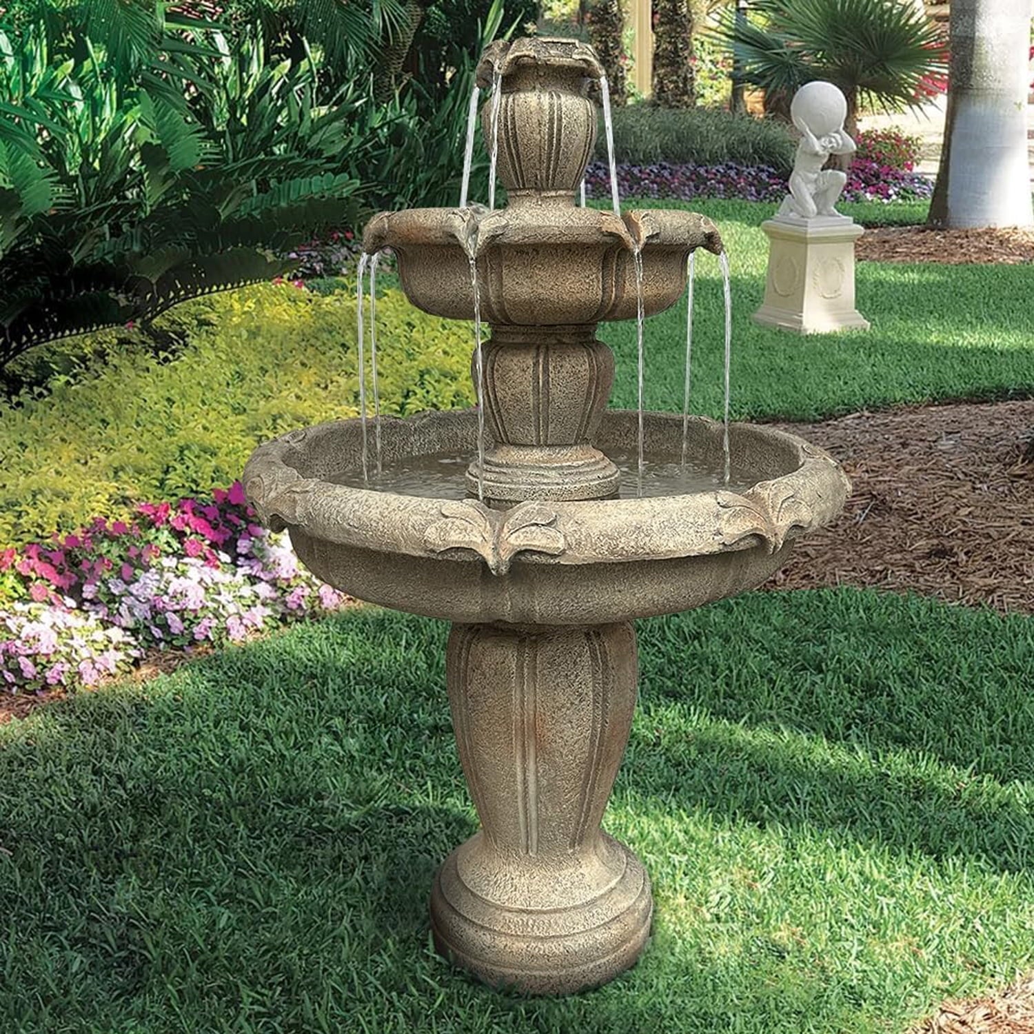 48�?H Outdoor Floor Water Fountain, 3-Tiers Concrete Water Fountain with Submersible Electric Pump - Garden Cascading Waterfall for Yard Patio Lawn Home Decor