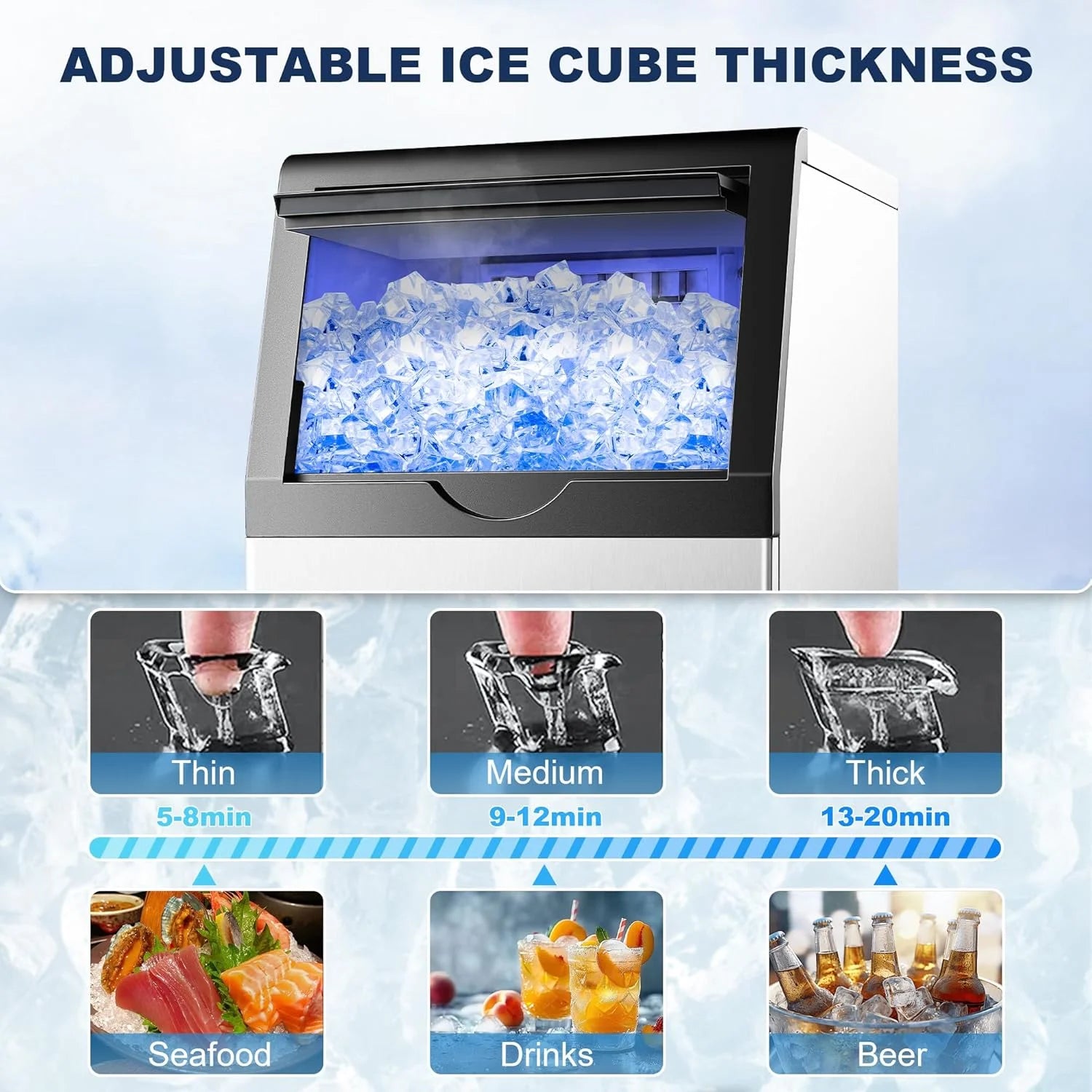 Ice Maker,110LBS/24H Commercial Ice Machine Stainless Steel Ice Maker Machine with 25LBS Capacity,45 Ice Cubes in 12-15 Minutes,Self-Cleaning,Ideal for Restaurant,Bars,Home,Includes Scoop