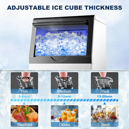 Ice Maker,110LBS/24H Commercial Ice Machine Stainless Steel Ice Maker Machine with 25LBS Capacity,45 Ice Cubes in 12-15 Minutes,Self-Cleaning,Ideal for Restaurant,Bars,Home,Includes Scoop