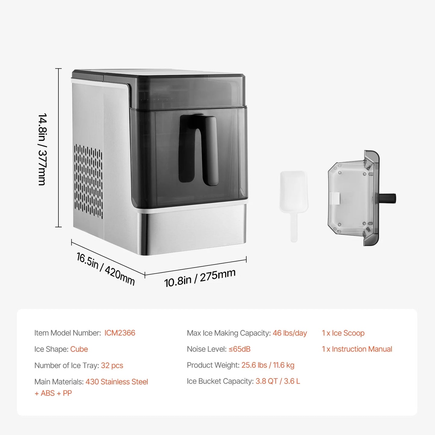 KFFKFF Tabletop Ice Cube Machine, Produces 32 Ice Cubes in 15 Minutes, 46lbs Daily Output, Self-Cleaning and Portable, Easy Ice Transfer, 3 Different Ice Cube Sizes, Ideal for Home, Kitchen, Office