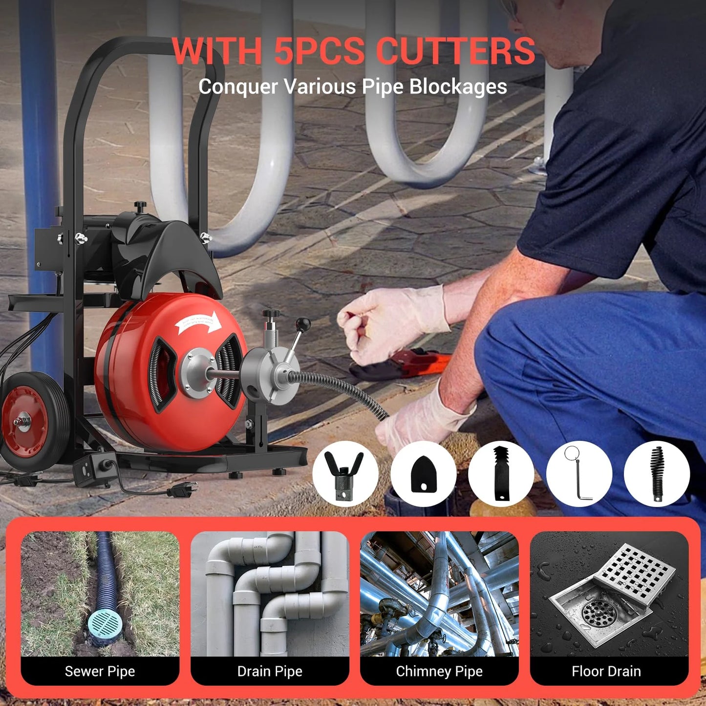 Ataucjin Drain Cleaner Machine,100Ft Drain Cleaning Machine,450W Auto Feed Sewer Snake Auger,Portable Electric Drain Auger Cleaner With 4 Cutter Air-Activated Foot Switch For 2" To 4" Pipes