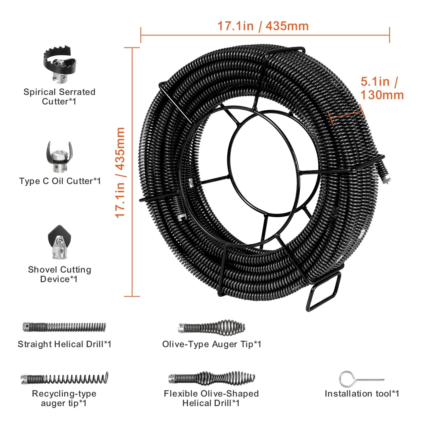 KFFKFF 100FTx5/8In & 7 Cutouts Drain Cleaning Cable for 0.8"-3.9" Pipes