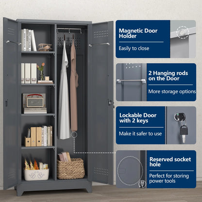 Marcree Broom Closet with Locking Doors,72.8����H Cleaning Tool Storage Cabinet with Hanging Rod & Hooks,Heavy-Duty Tool Garage Storage Cabinet for Utility Room,Grey