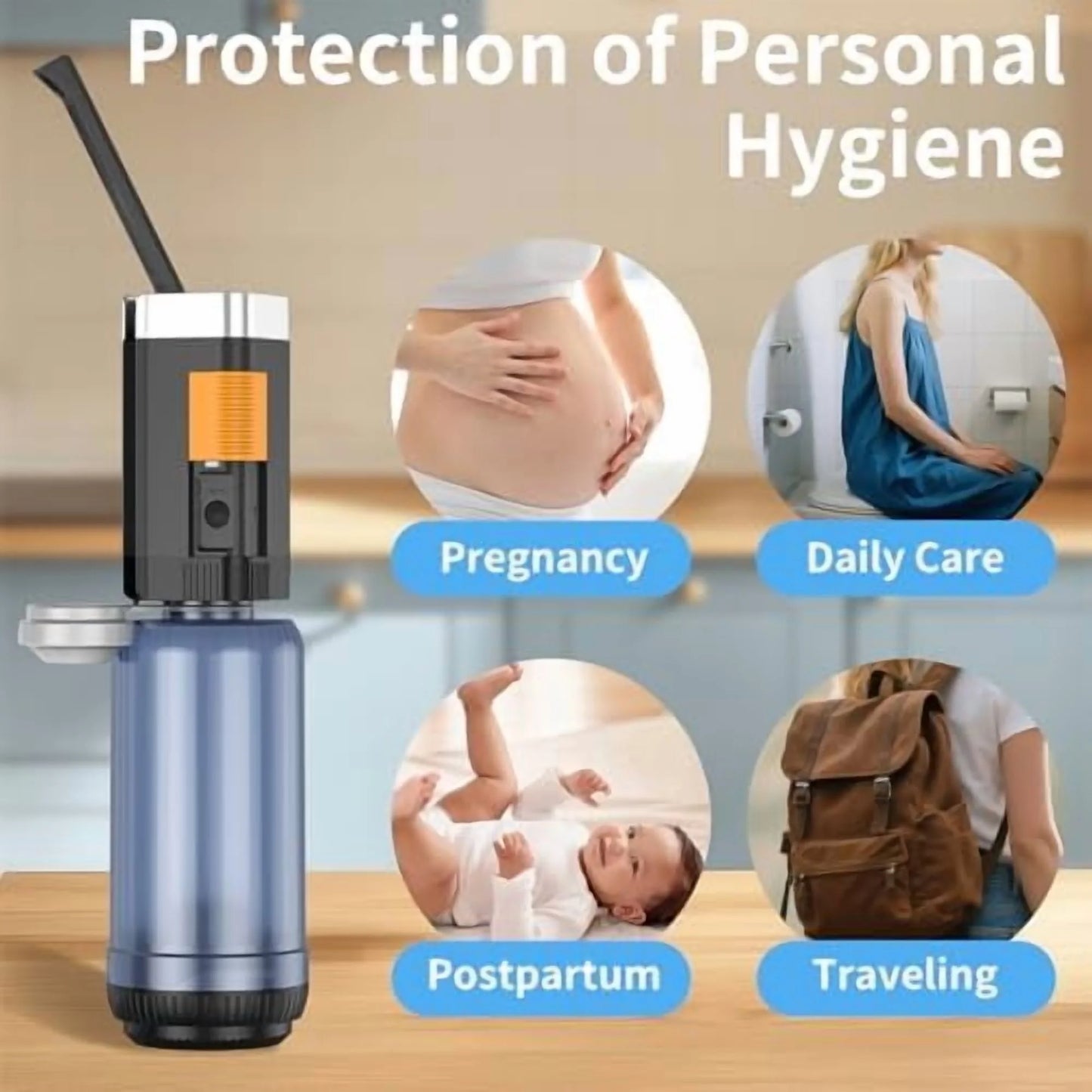 Portable Bidet for Travel, Rechargeable Bidet Sprayer with 400ml Bottle Capacity, Waterproof High Pressure Handheld Bidets for Women/Men, Postpartum Care, Hygiene Cleaning