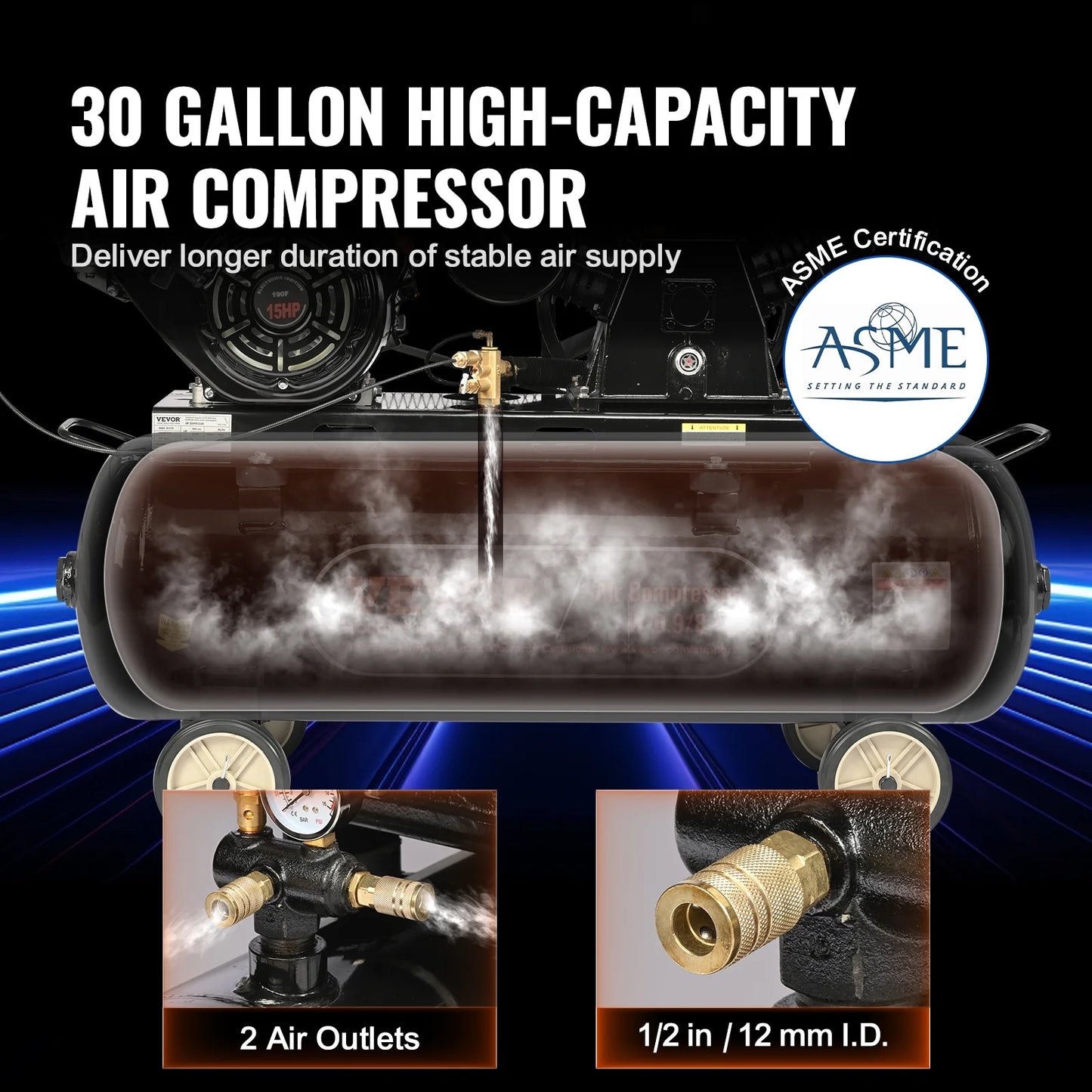 KFFKFF 15HP Gas-Fueled Air Compressor, 30 Gallon Horizontal Compressor Tank, 33CFM@115PSI Gas Propelled Piston Pump Compressed Air System with 115PSI Maximum Pressure for Building Sites Workshop