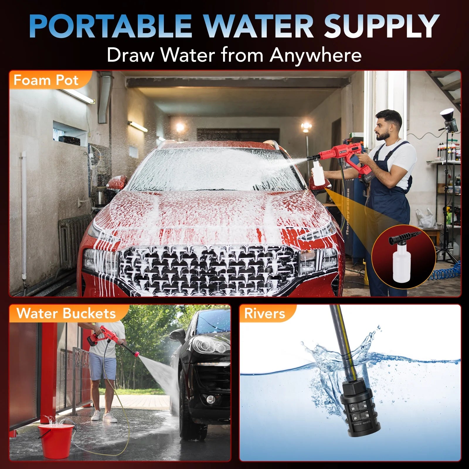 Filluck 1060PSI Cordless Pressure Washer, Portable Handheld High-Pressure Car Washer with 5.0Ah Long-Lasting Battery, 3-Speed Adjustable, 2.8GPM, 6-in-1 Nozzle for Car Cleaning/Garden/Floor