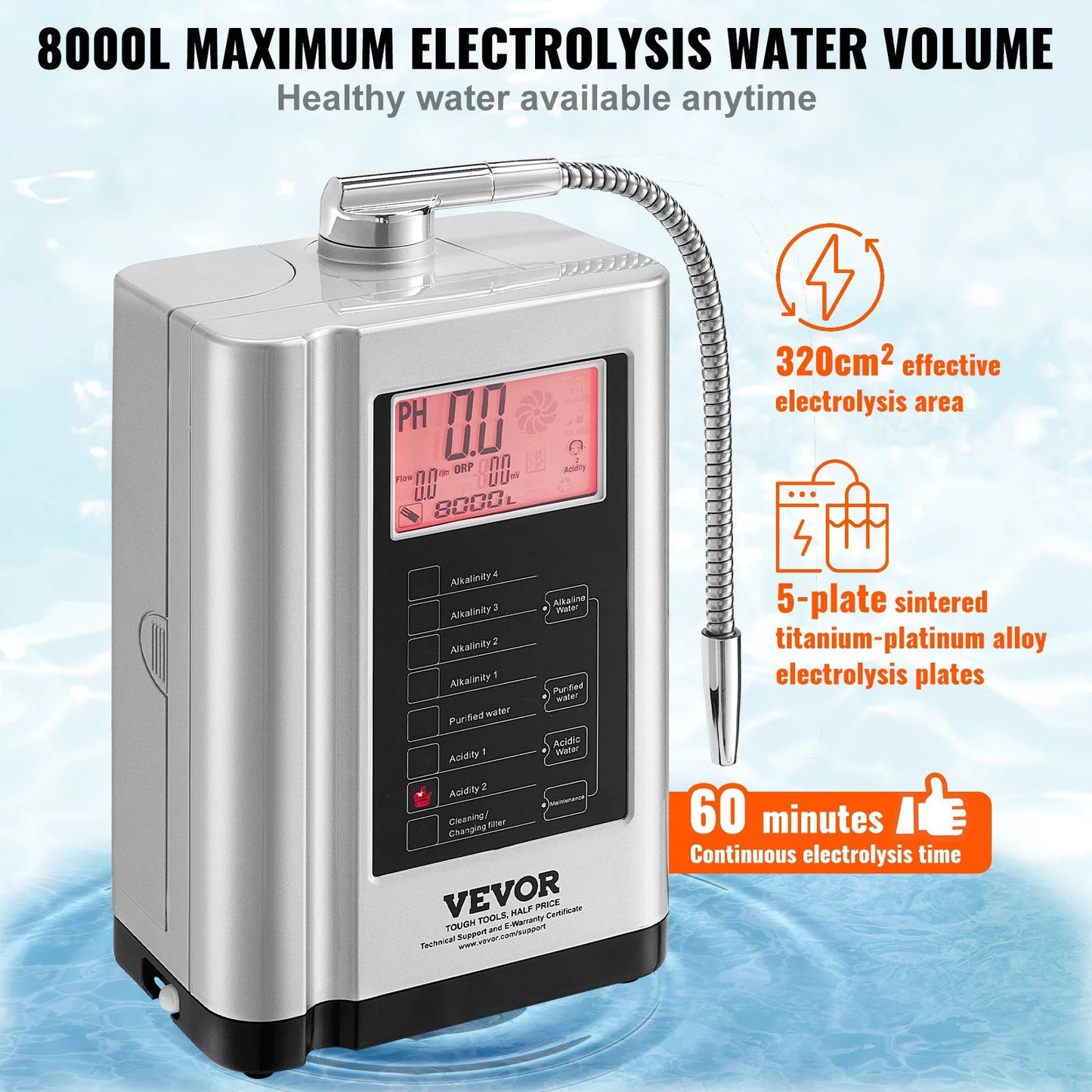 Alkaline Water Ionizer Machine, pH 3.5-10.5, Hydrogen Water Purifier, 7 Settings, -550mV ORP, 8000L Filter, Auto-Cleaning, White