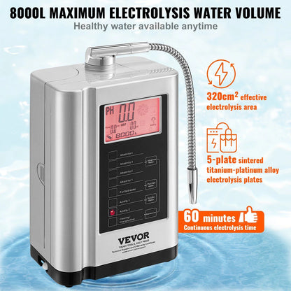 Alkaline Water Ionizer Machine, pH 3.5-10.5, Hydrogen Water Purifier, 7 Settings, -550mV ORP, 8000L Filter, Auto-Cleaning, White
