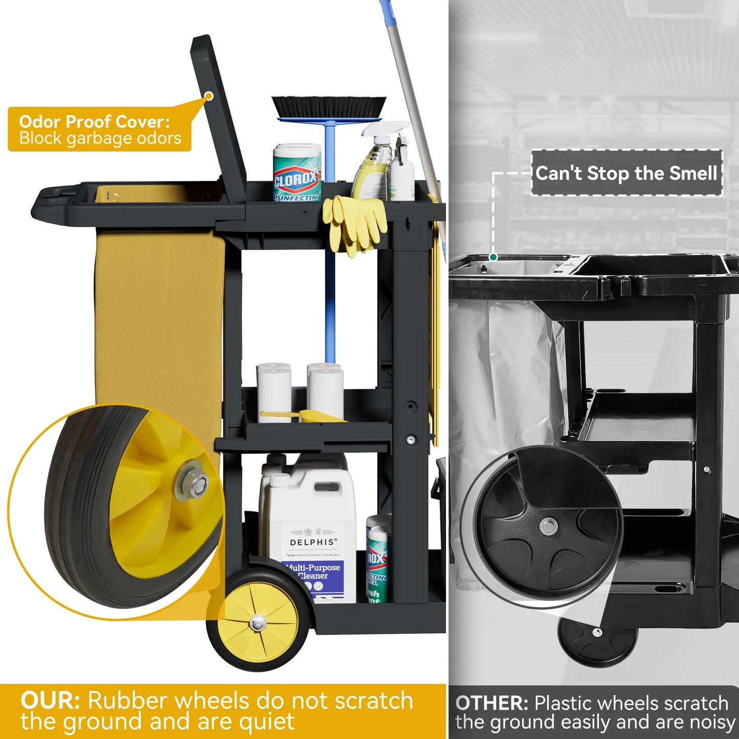 Dextrus Commercial Janitorial Trolley Cleaning Cart, 25 Gallon Capacity with Cover, for Housekeeping & Facility Maintenance, Black