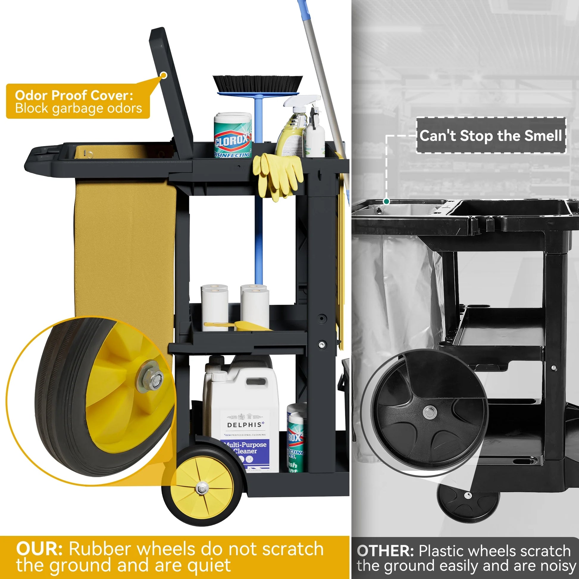 Dextrus Commercial Janitorial Trolley Cleaning Cart, 25 Gallon Capacity with Cover, for Housekeeping & Facility Maintenance, Black