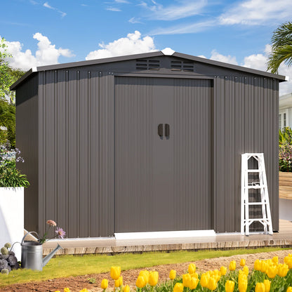 U-MAX 8 x 6 ft. Wood Grain Outdoor Metal Storage Shed with Lockable Door Patio Garden Storage Building for Outside