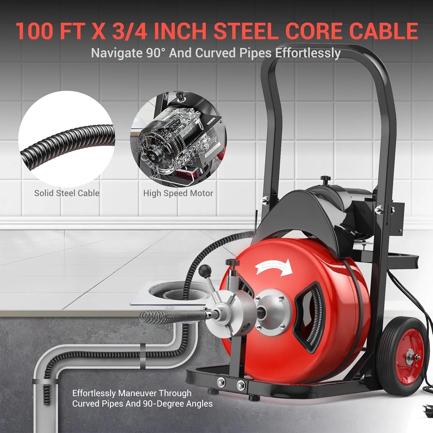 Roromall 75FT 100FT Electric Drain Cleaning Machine with 1/2-inch 3/4-inch Cable, 450W Auto Feed Portable Sewer Snake, Air-Activated Foot Switch, 4 Interchangeable Cutters for 2" to 4" Pipes