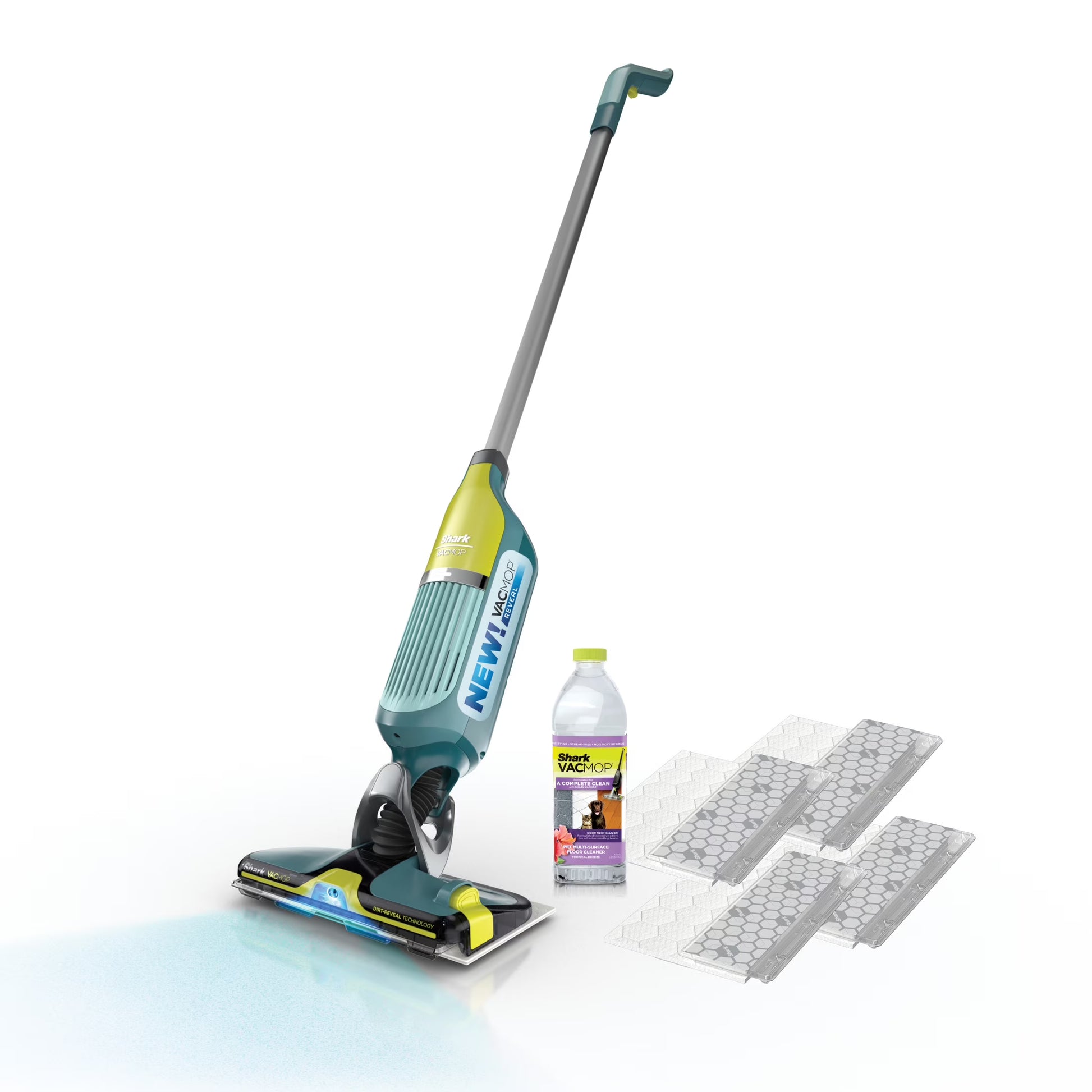 Shark VACMOP Reveal Cordless Hard Floor Cleaner, Vacuum and Spray Mop, 4 Disposable Pads, 12oz Pet Multi-surface Cleaning Solution, VM401
