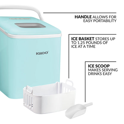 Igloo Handled Automatic Ice Machine Self Cleaning Countertop Ice Maker with Scoop, Aqua