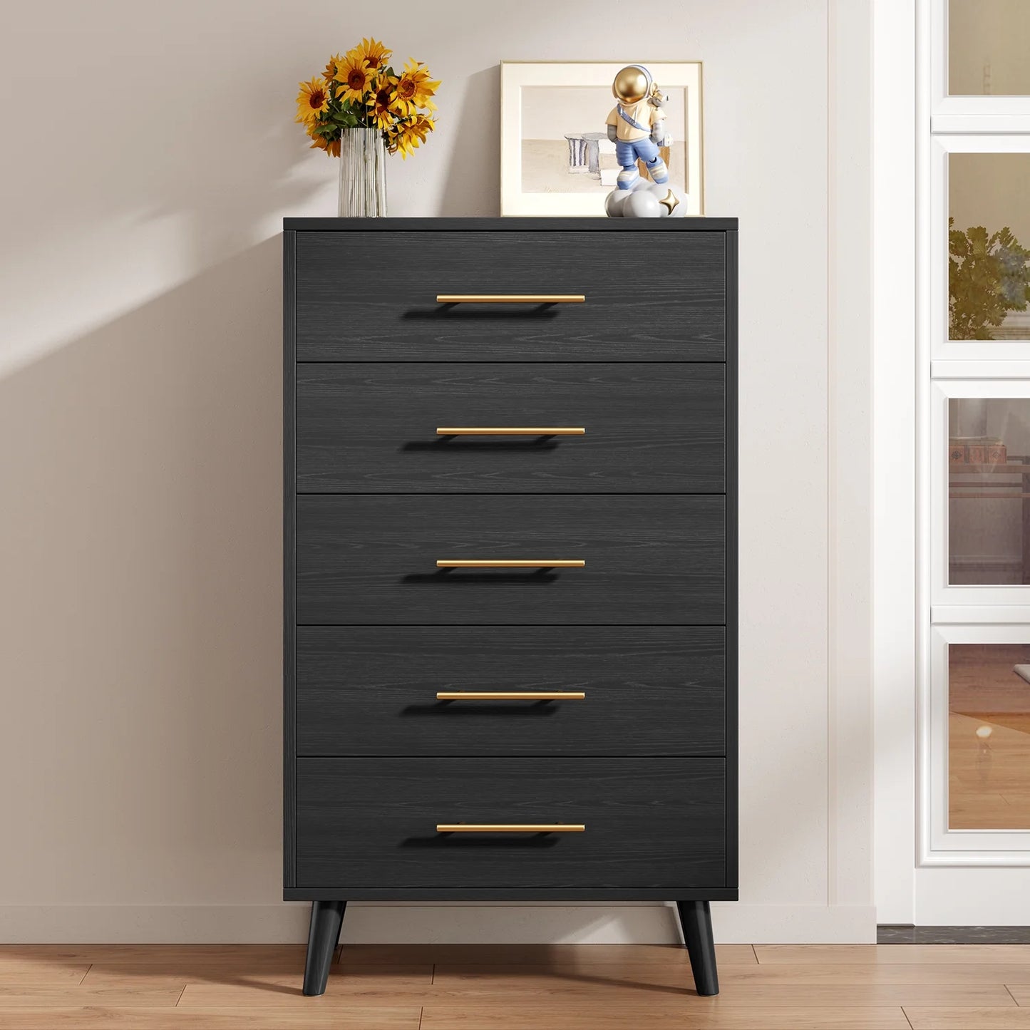 Bedroom Set - Includes Full Size Bed Frame (Dark Gray), Nightstands, 5-Drawer Dresser & Double Wide 6-Drawer Dresser - Modern Storage Solution for Stylish Home Decor, Black