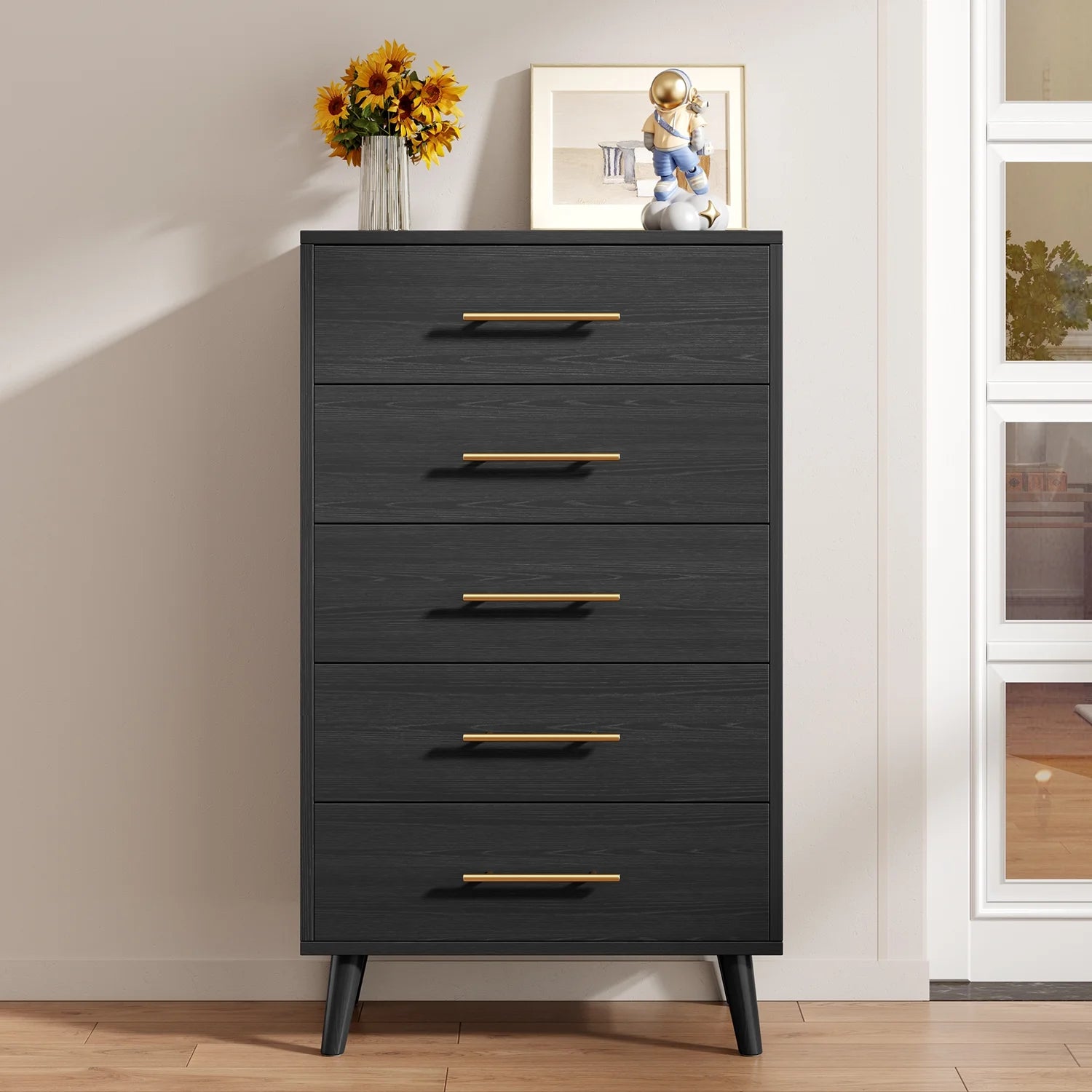 Bedroom Set - Includes Full Size Bed Frame (Dark Gray), Nightstands, 5-Drawer Dresser & Double Wide 6-Drawer Dresser - Modern Storage Solution for Stylish Home Decor, Black