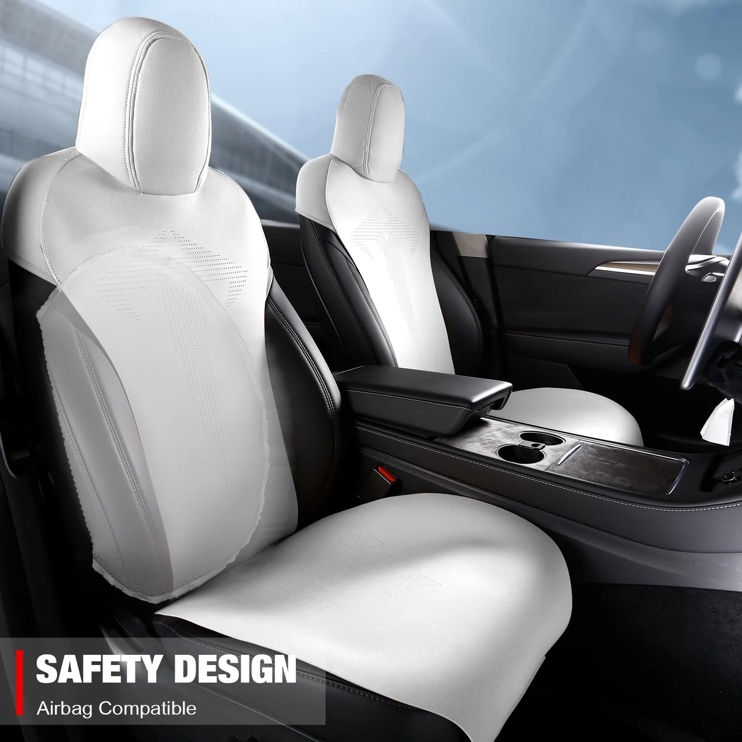 Ikon Motorsports Seat Cover Cushions Compatible With 2020-2024 Tesla Model Y 4-Door, V1 Style White Suede Leather 1st 2nd Row 5-Seat Seat Cover Cushion Protectors