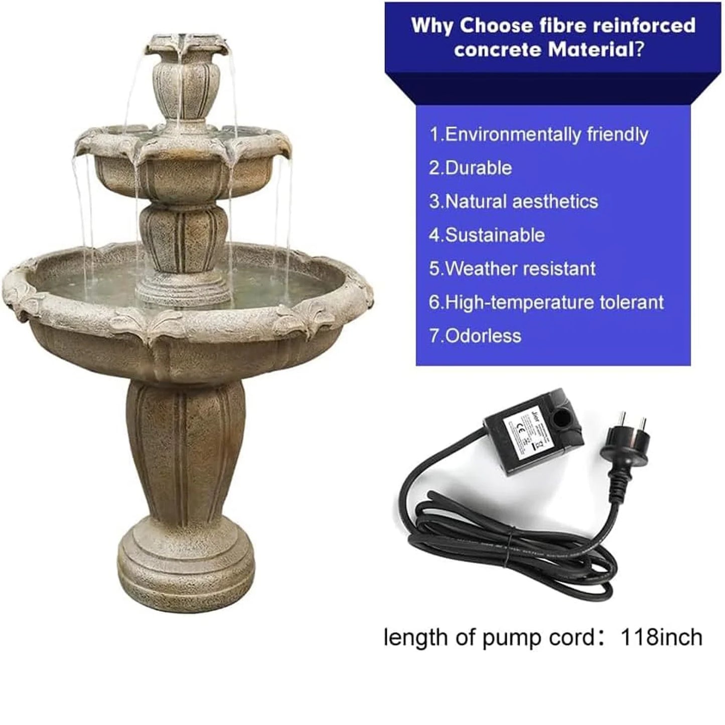 48�?H Outdoor Floor Water Fountain, 3-Tiers Concrete Water Fountain with Submersible Electric Pump - Garden Cascading Waterfall for Yard Patio Lawn Home Decor