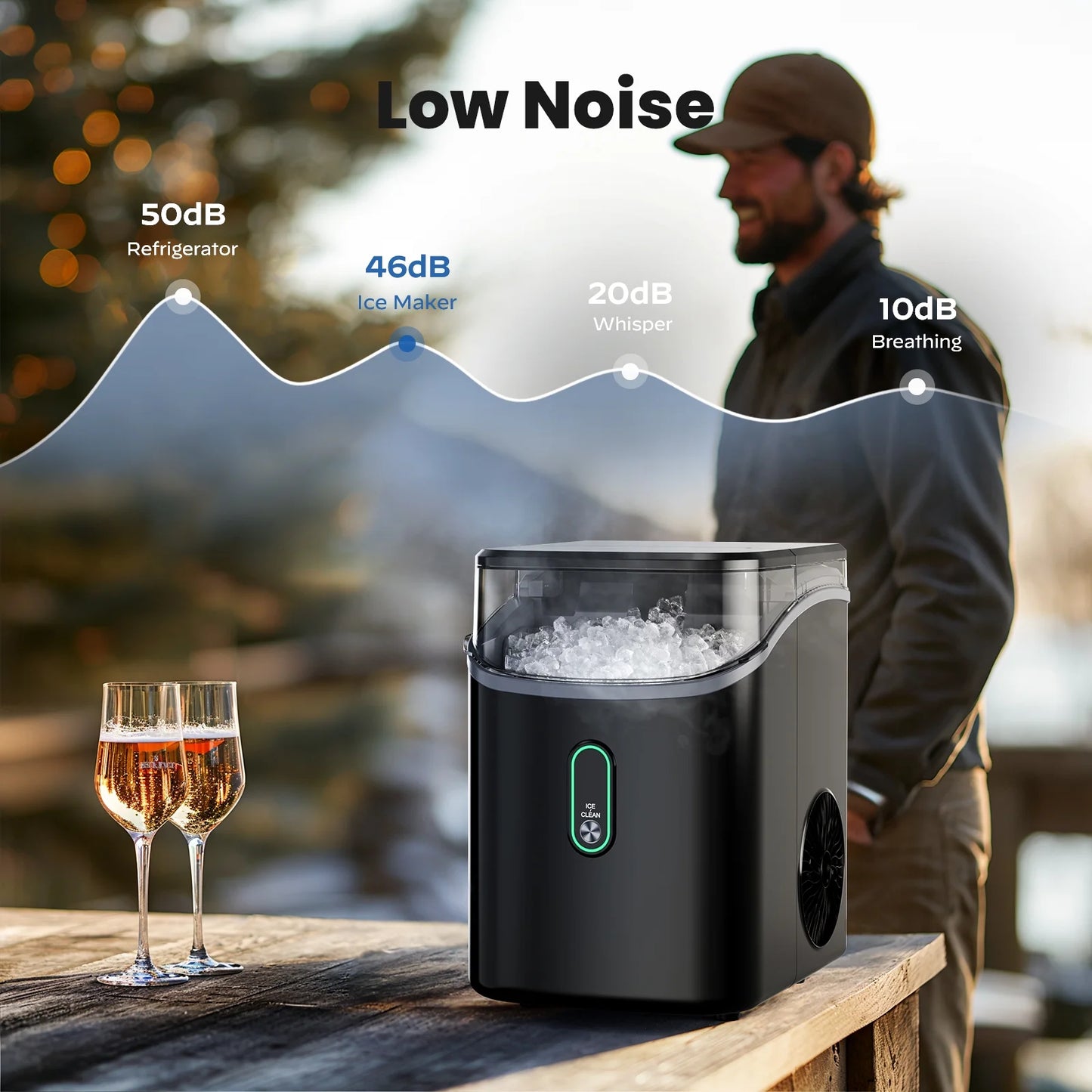 Philergo Nugget Ice Maker Countertop, WiFi Pebble Ice Machine with Timer and Self-Cleaning Function, 35 lbs/24 Hrs for Home, Kitchen, RV, Camping, Black