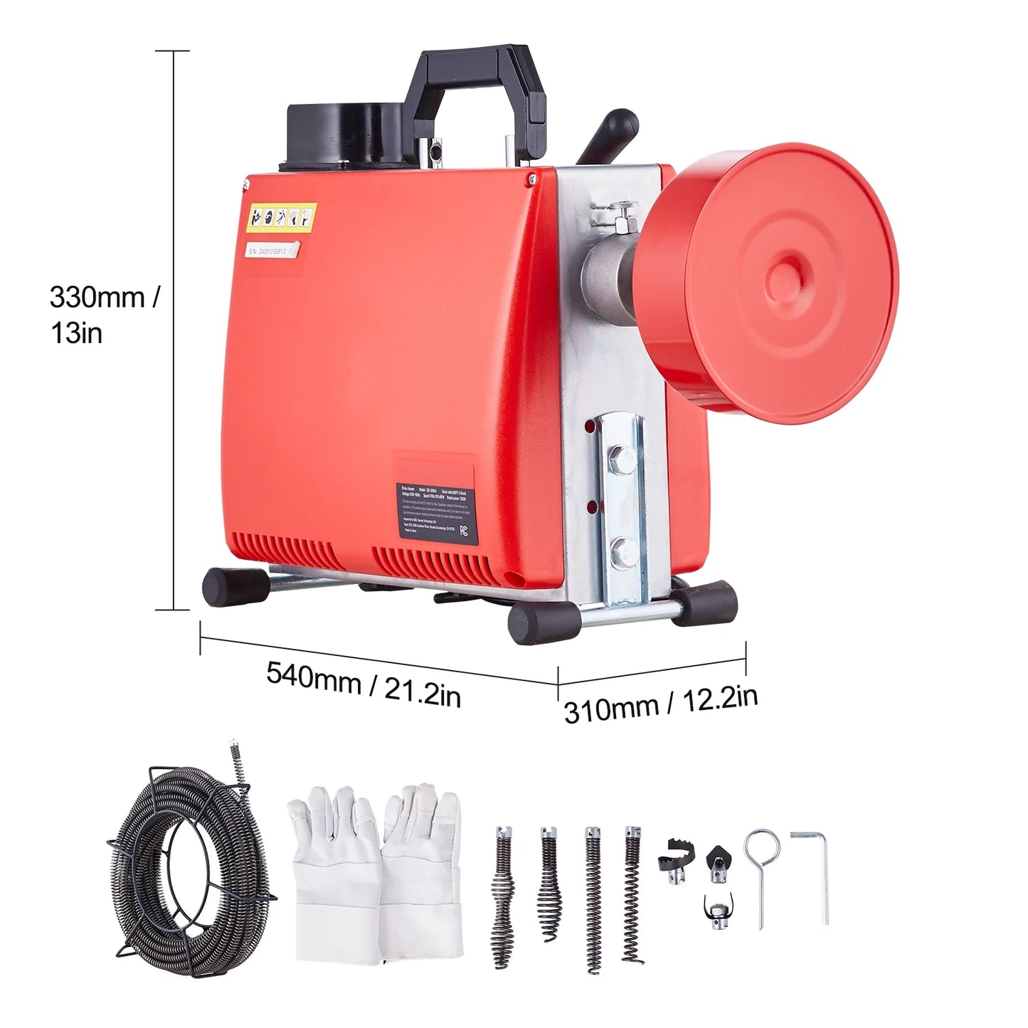 KFFKFF Electric Drain Cleaning Machine, 66FT x 5/8 Inch, 250W, Manual Operation - Includes 7 Cutting Heads, Dual Steel Cables & Directional Control, Suitable for 1.6"-4" Pipes