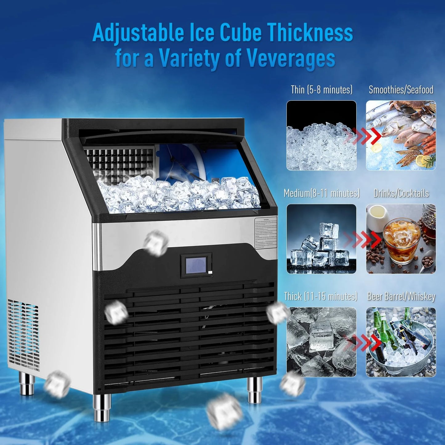 Commercial Ice Maker Machine.Stainless Steel Ice Maker,Industrial Ice Machine,260LBS/24H Stainless Steel Under Counter ice Machine,Ice Maker Self Cleaning for Bar Cafe Restaurant