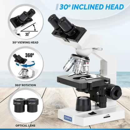 AmScope OMAX 40X-2000X Binocular Compound LED Microscope with Slides & Covers, Cleaning Paper