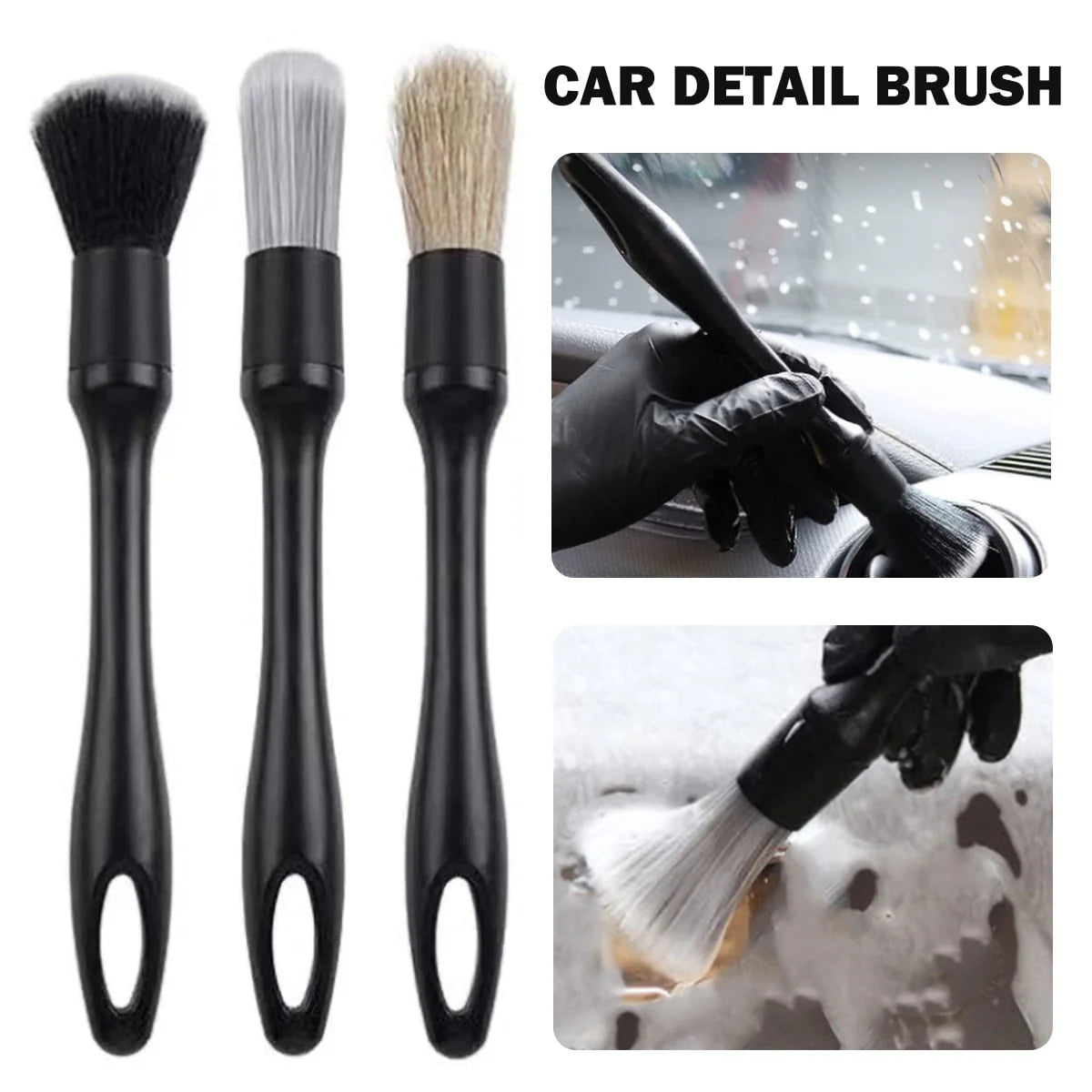 Duety 3pcs Car Detailing Brushes Set Soft Auto Detailing Brush Kit Interchangeable Different Sized Car Detail Cleaning Tool Reusable Car Detailing Brush for Car Interior Exterior Wheels
