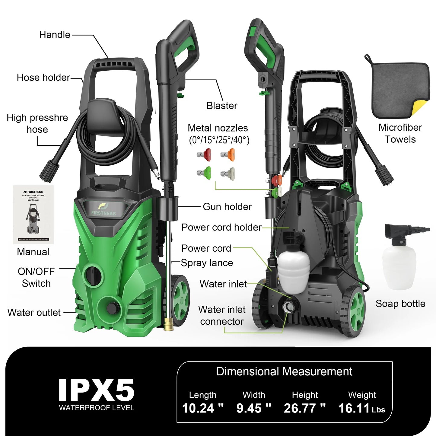 Firstness Pressure Washer 3500 PSI, Electric Power Washer w/ 26 ft Hose, 4 Quick Connect Nozzles, High Pressure Cleaning Machine with Foam Cannon, Portable to Clean Patios, Cars, Fences, Driveways