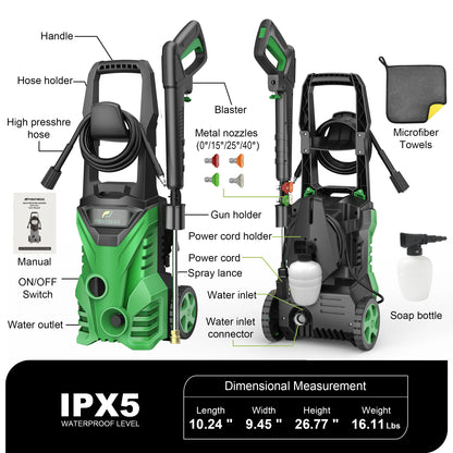 Firstness Pressure Washer 3500 PSI, Electric Power Washer w/ 26 ft Hose, 4 Quick Connect Nozzles, High Pressure Cleaning Machine with Foam Cannon, Portable to Clean Patios, Cars, Fences, Driveways