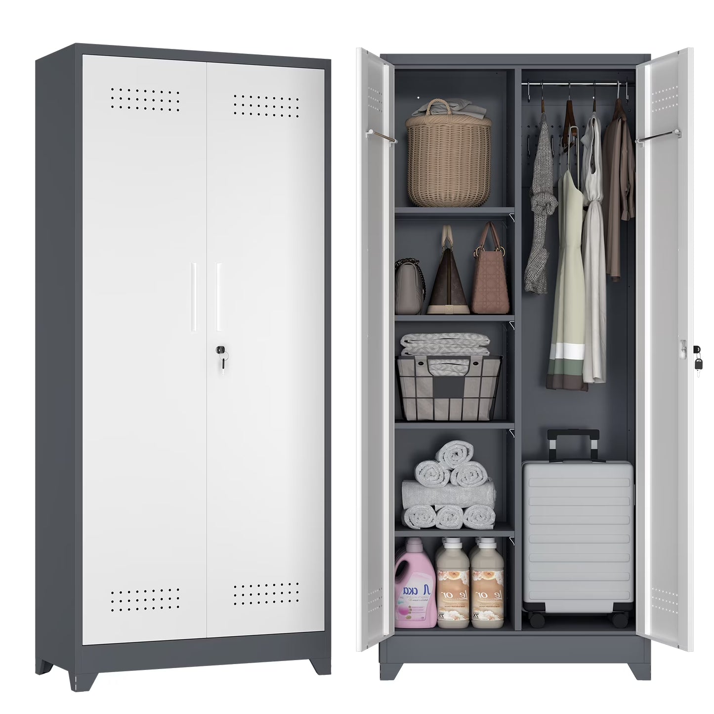 Marcree Broom Closet Storage Cabinet,Cleaning Supply Storage Cabinet,Metal Cleaning Closet Cabinet with Adjustable Shelves for Laundry Room Basement