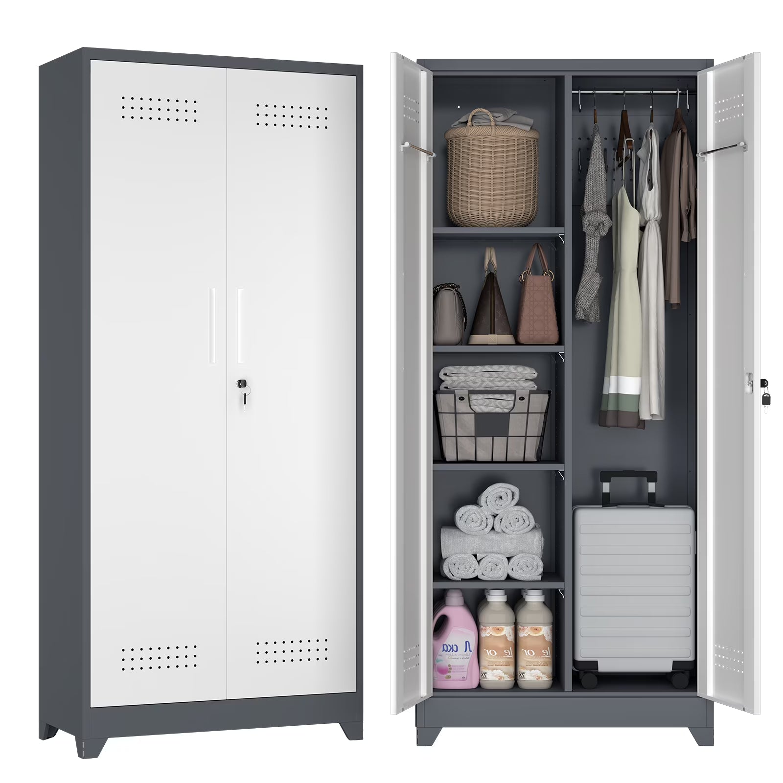 Marcree Broom Closet Storage Cabinet,Cleaning Supply Storage Cabinet,Metal Cleaning Closet Cabinet with Adjustable Shelves for Laundry Room Basement