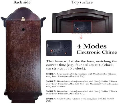 ? 26IN Grandfather Vintage Wall Clock with Pendulum and Chime, Hour/Quarter-Hour Chime, Elmwood Frame, Large Vintage Wall Clock for Living Room,Home Decor Gift